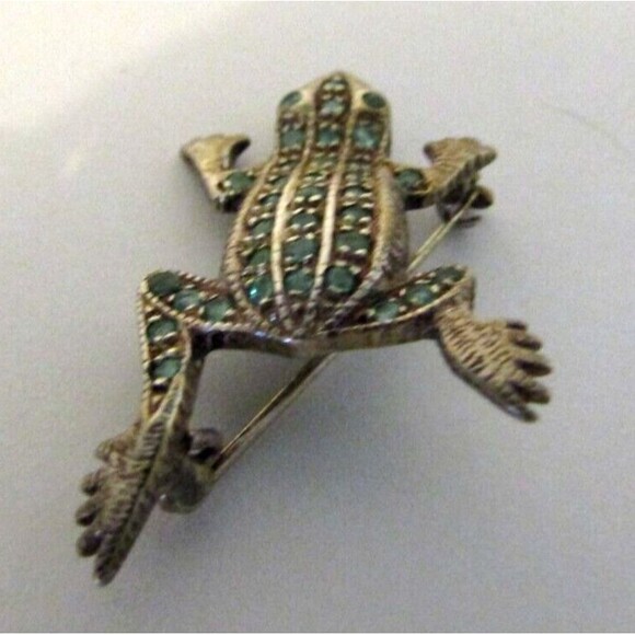 Vintage 925 Sterling Silver Emerald Frog Brooch Pin Thailand - Picture 5 of 9
